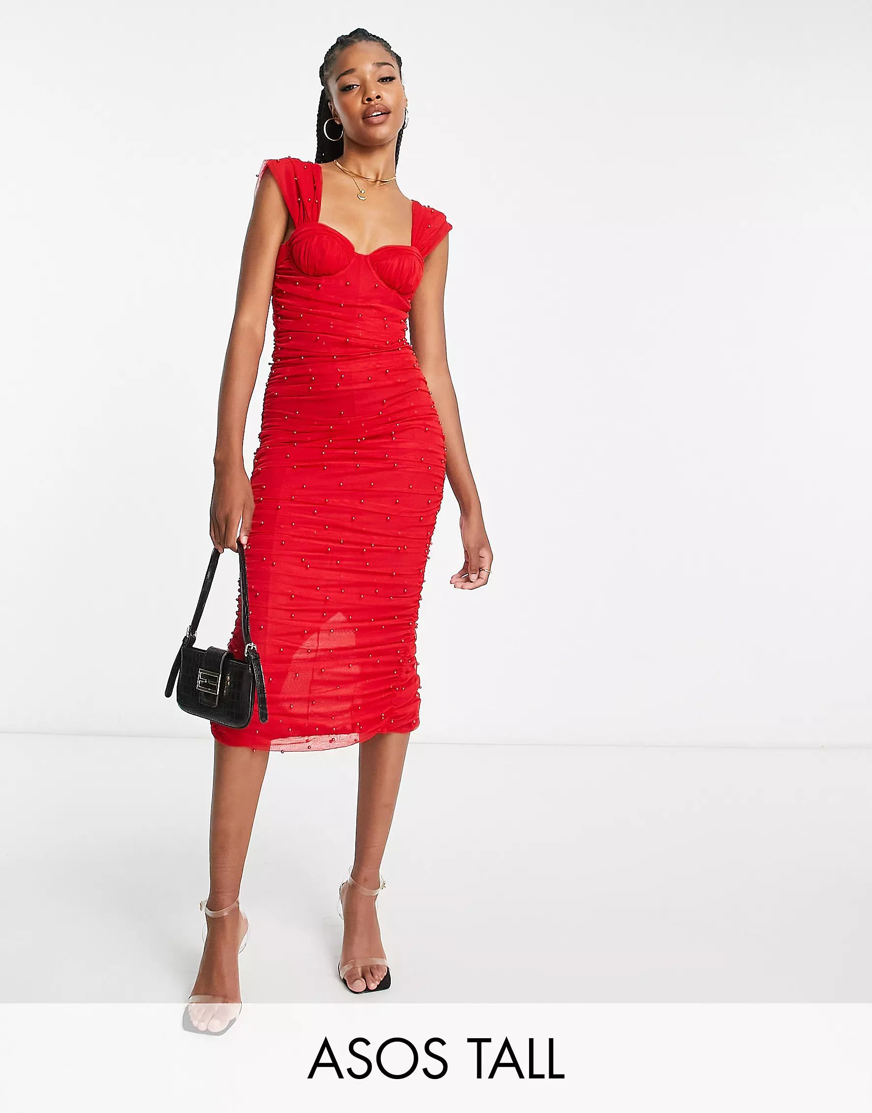 ASOS DESIGN Tall pearl mesh corset midi dress in red | ASOS (Global)