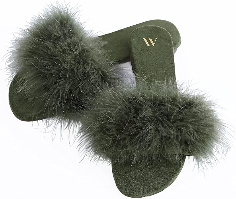 Amélie Home Women's Fashion Slide Slippers Furry Turkey Feather Open Toe Comfy Fuzzy... | Amazon (US)