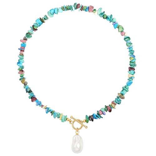 SOFYBJA Dainty 18K Gold Irregular Colorful Turquoise Pearl Pendant Necklace for Women Toggle Necklace Handmade Jewelry | Amazon (US)