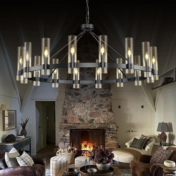 Black Wagon Wheel Chandelier, 48" Modern Chandeliers with Glass Shade, 16-Light Large Chandelier ... | Amazon (US)