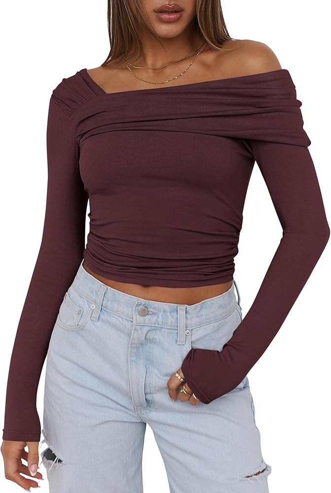 ANRABESS One Off Shoulder Shirts Crop Tops | Amazon (US)