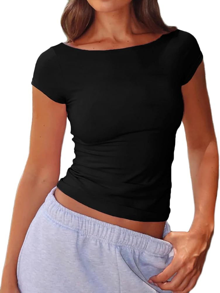 Beumissy Women's Boat Neck Short Sleeve T-Shirts Y2K Cute Going Out Tops Summer Baby Tees | Amazon (US)
