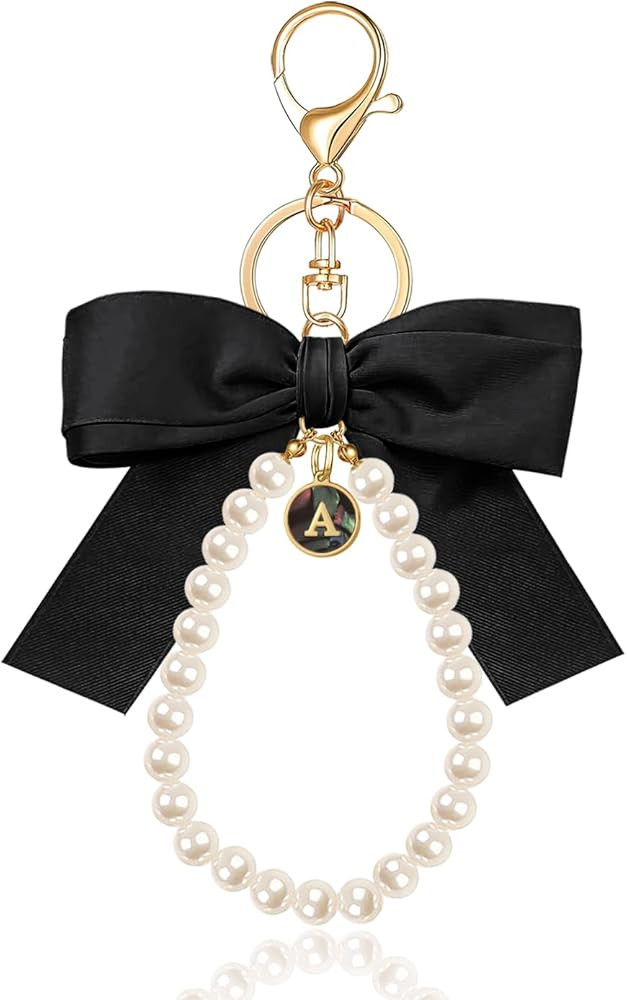 XGALBLA Initial Letter Cute Coquette Bow Keychain for Women, Wristlet Simulated Pearl Keychains B... | Amazon (US)