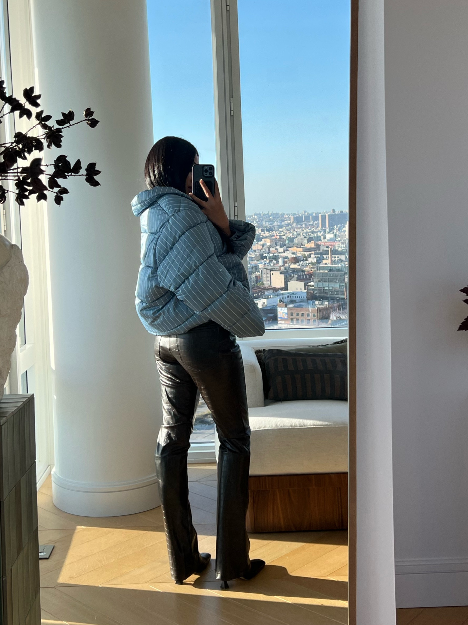 Pinstriped puffer and croc pants combo