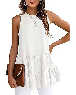 HAEOF Women's Sleeveless Casual Summer Tops Crew Neck Flowy Peplum Loose Fit Tunic Tank Shirts Ba... | Amazon (US)