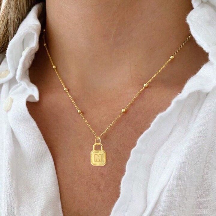 1pc Fashion Simple Gold Color Lock Initial Pendant Stainless Steel Bead Chain Necklaces For Women | SHEIN