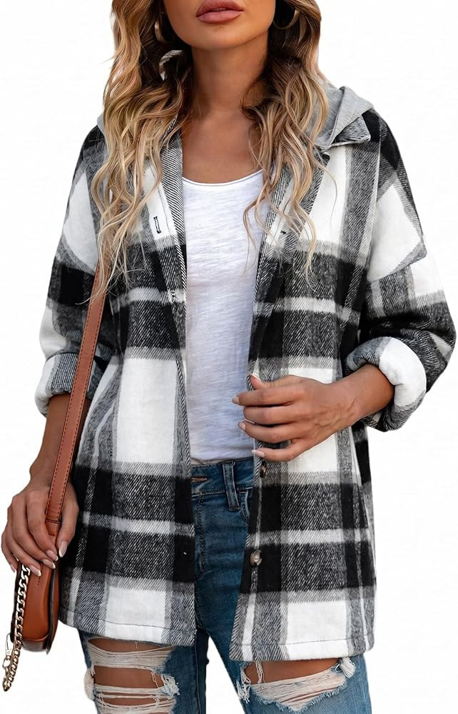 SHEWIN Women Fall Button Shirt Flannel Hooded Shacket Plaid Jacket | Amazon (US)