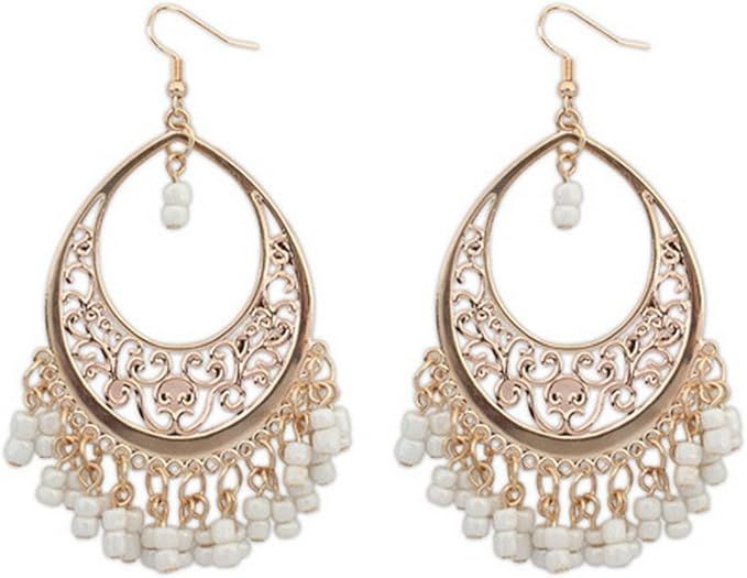 HugeStore Women Ladies Summer Bohemia Tassel Beads Chandelier Drop Earrings Dangle Hoop Earrings ... | Amazon (US)