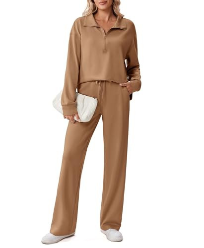 PINSPARK Travel Outfits for Women 2 Piece Sets High Waisted Sweatsuits Half Zipper Lounge Set Pull Over Tops And Drastring Sweatpants Strecthy Tracksuits Fall Fashion 2025 Trendy, Khaki Petite L | Amazon (US)