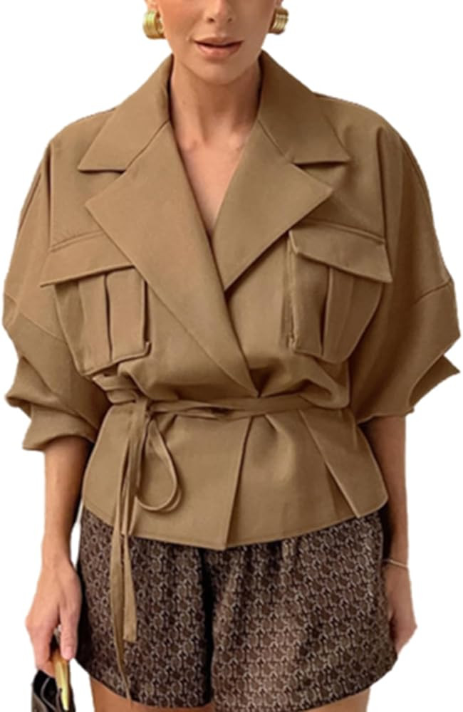 Cropped Trench Coat for Women Long Sleeve Lapel Short Trench Coats for Women 2025 | Amazon (US)