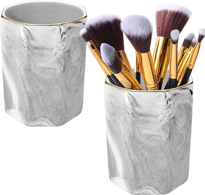 2 Pack Ceramic Pen Holder Stand,Cup for Desk Marble Pattern Makeup Brush Holder for Girls Women,D... | Amazon (US)