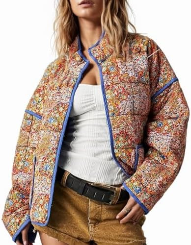 Women's Cropped Floral Quilted Jacket Lightweight Open Front Padded Puffer Coat | Amazon (US)