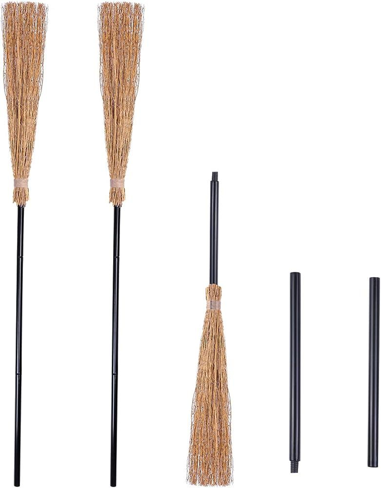 URATOT 3 Pieces Halloween Witch Broom Props Thatch Bamboo Witch Broomstick Retractable Straw Bamboo  | Amazon (US)