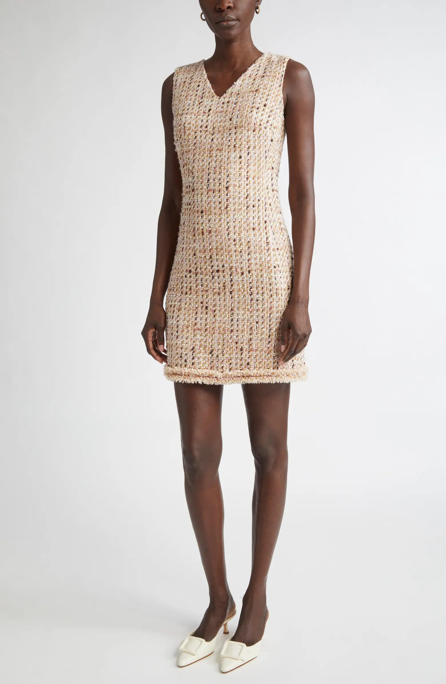 Betty Fringe Trim Metallic Tweed Sheath Dress | Nordstrom