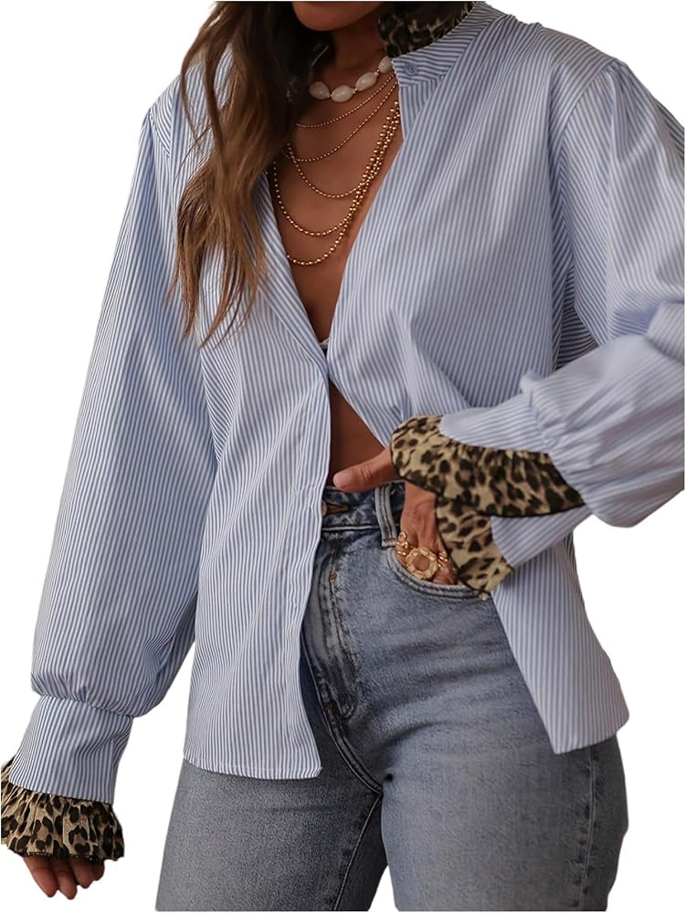WDIRARA Women's Striped Button Down Shirt Leopard Ruffle Trim Long Sleeve Blouse Dressy Tops | Amazon (US)