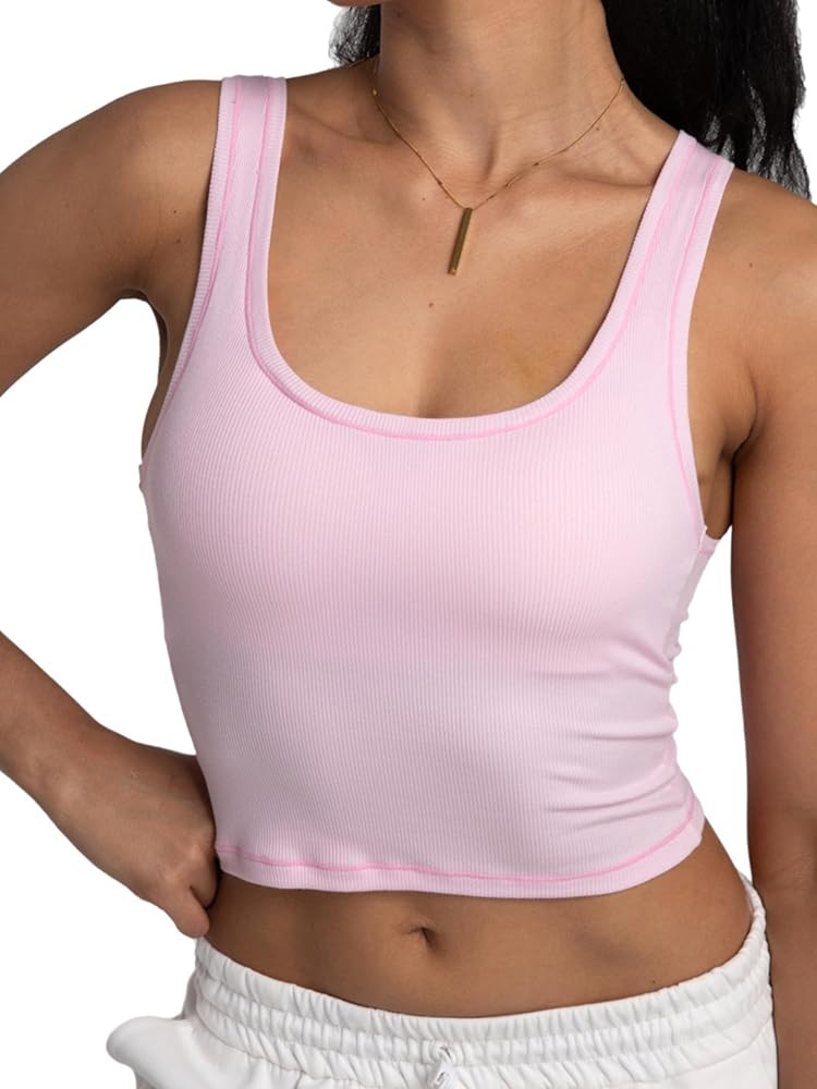 Danysu Women Rib Tank Top Padded Workout Top Square Neck Crop Tank Fitted Basic Cami Tops | Amazon (US)