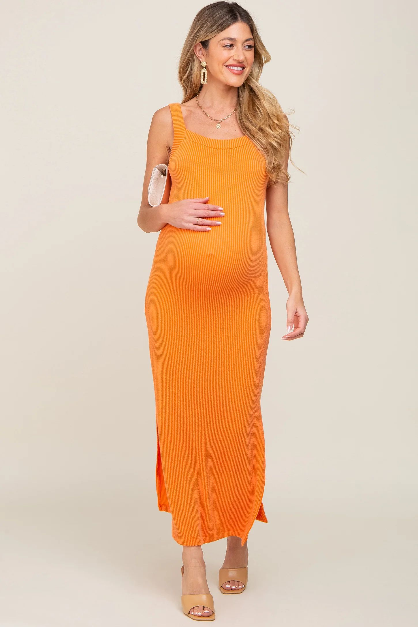 Orange Rib Knit Side Slit Maternity Maxi Dress | PinkBlush Maternity