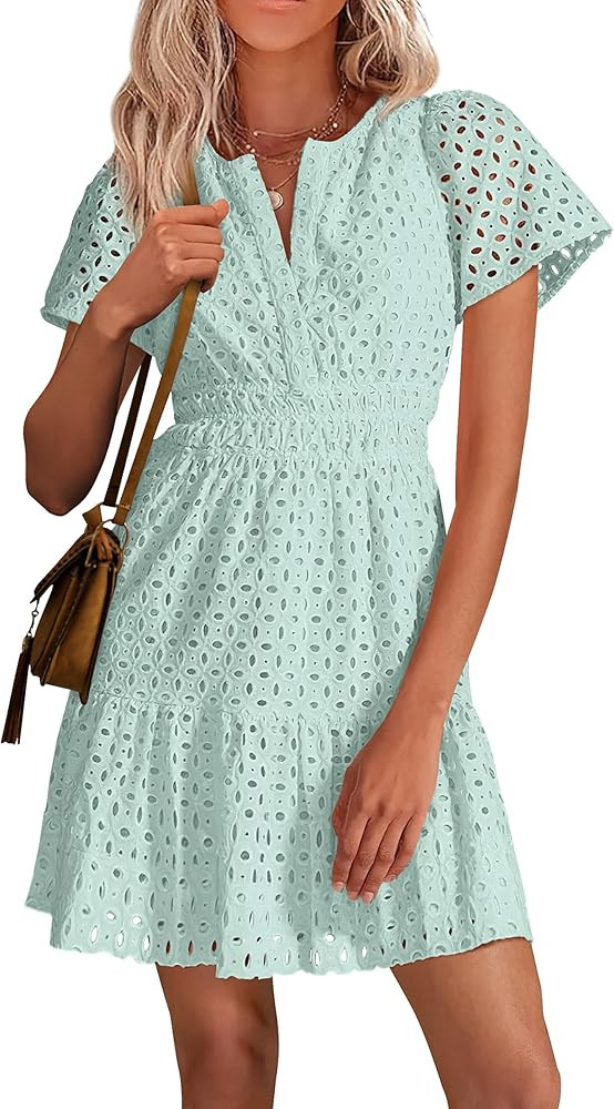PRETTYGARDEN Womens 2025 Summer Short Dress V Neck Short Sleeve A Line Hollow Out Lace Ruffle Cut... | Amazon (US)