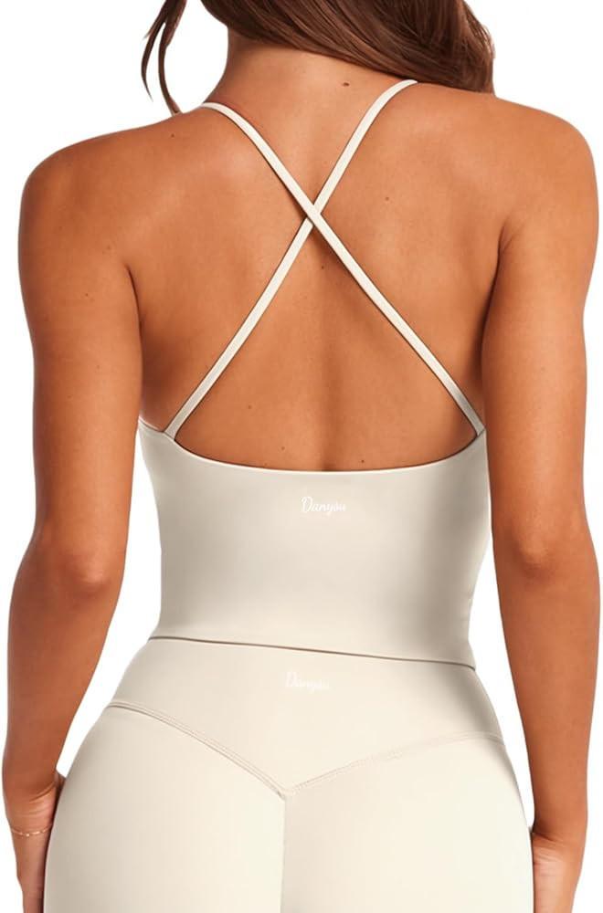 Danysu Sculpt Workout Tank Tops Women Backless Longline Sports Bras Strappy Padded Yoga Top | Amazon (US)