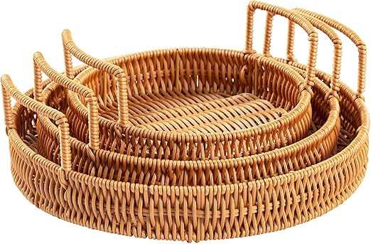 Amazon.com: Cedilis 3 Pack Woven Serving Tray with Handles, Round Bread Serving Basket, Poly-Wick... | Amazon (US)