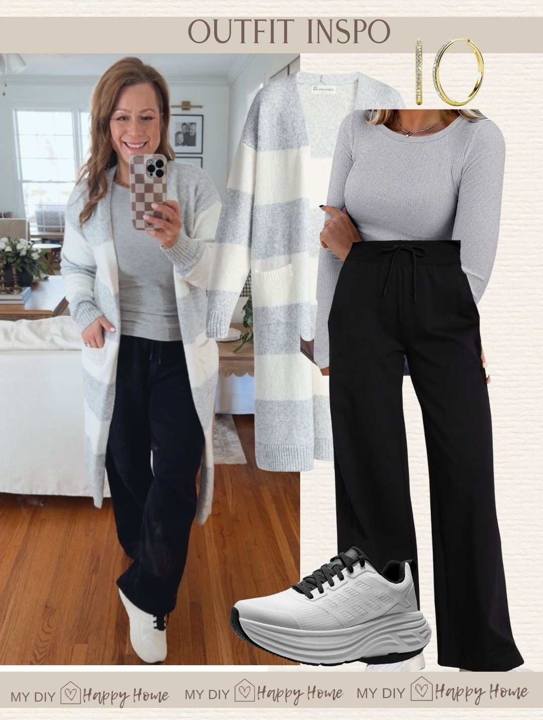 Today’s cozy and comfy OOTD on this super cold day 

Stripe long duster cardigan 
Wide leg sweat pants 
Everyday essential Long sleeve top 
Most comfy sneakers 

#LTKMidsize #LTKootd #LTKPetite