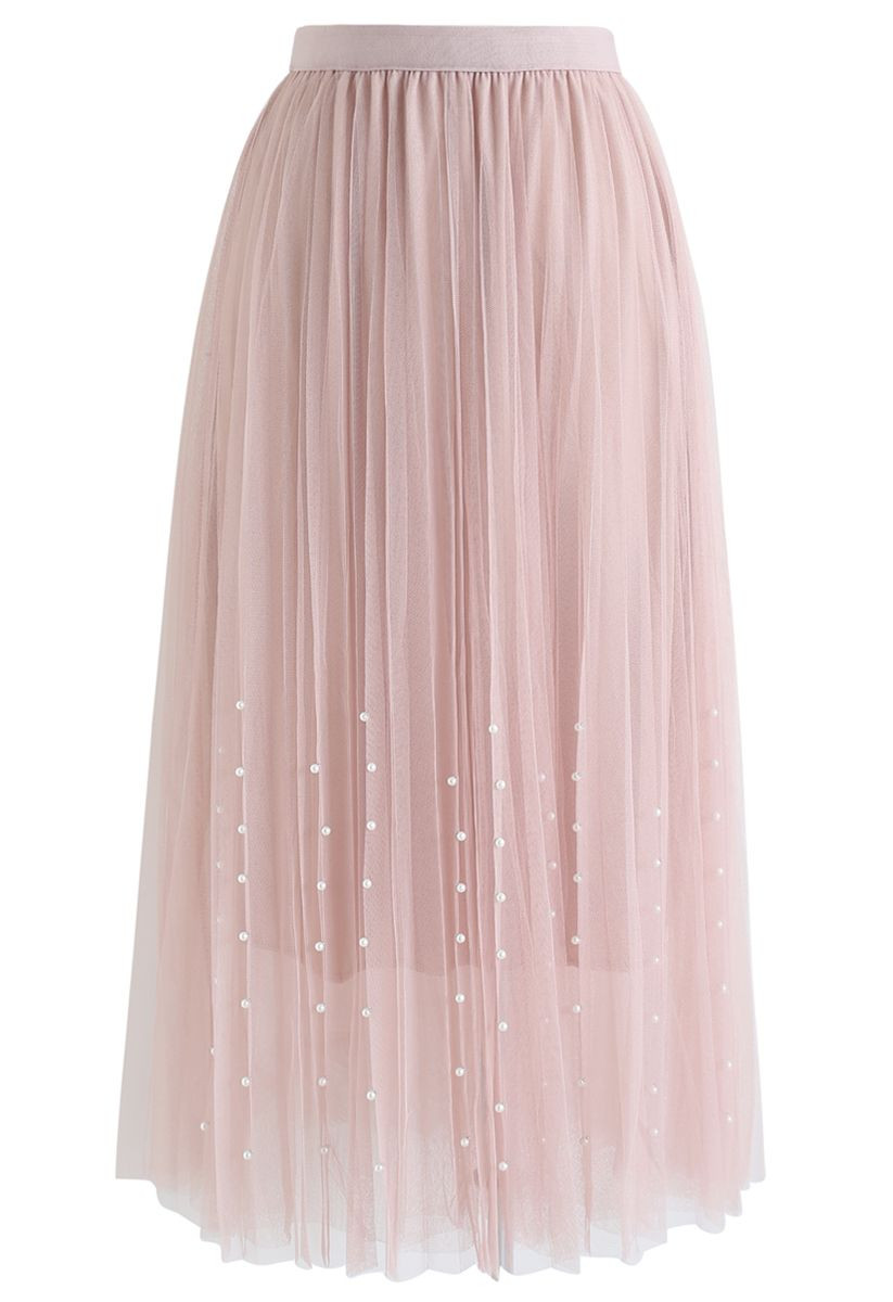 Pleated Double-Layered Mesh Tulle Pearls Skirt in Pink | Chicwish