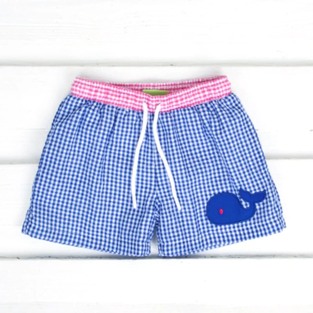 Royal Gingham Whale Swim Trunk | Classic Whimsy