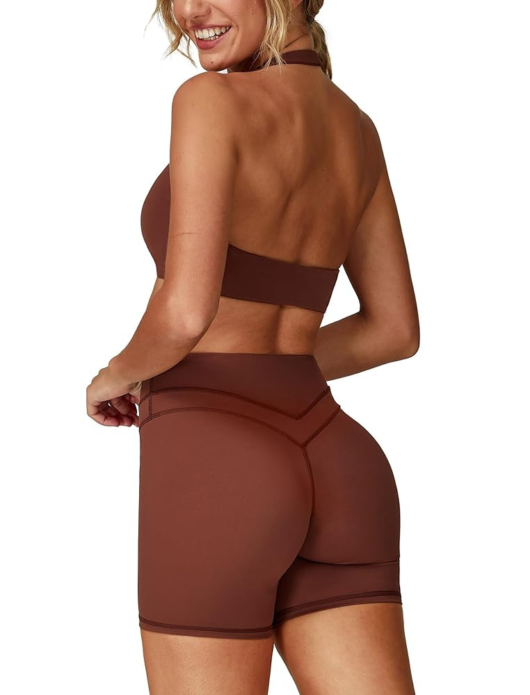 ABOCIW Workout Sets for Women 2 Piece V Neck Twist Back Sports Bra High Waist Biker Shorts Yoga O... | Amazon (US)