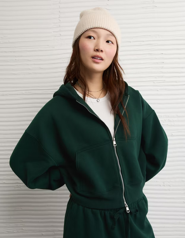 AE Everyday Luxe Barrel Sleeve Full Zip Hoodie | American Eagle Outfitters (US & CA)