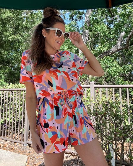 In a medium multicolor two piece set with short sleeve top and shorts, sunglasses and accessories for spring - all fits TTS.

#LTKfindsunder50 #LTKstyletip #LTKSeasonal