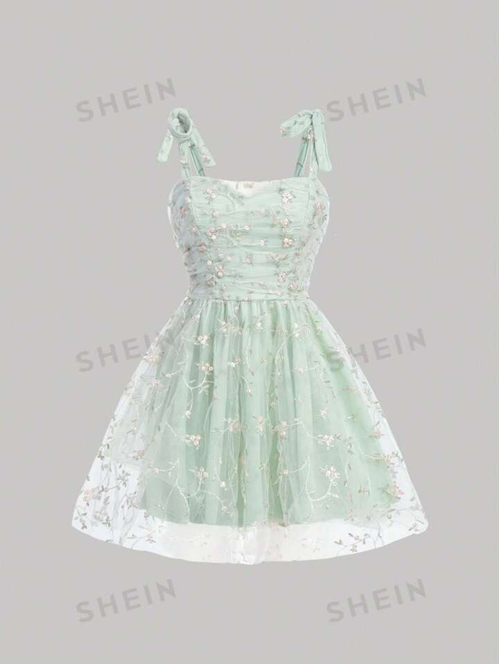 SHEIN MOD Floral Embroidery Mesh Cami Dress | SHEIN