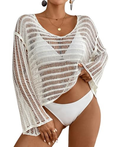 Bsubseach Crochet Tops for Women Long Sleeve Beach Swimsuit Coverup Mesh Knit Crop Top Bathing Suit Cover Up White M | Amazon (US)