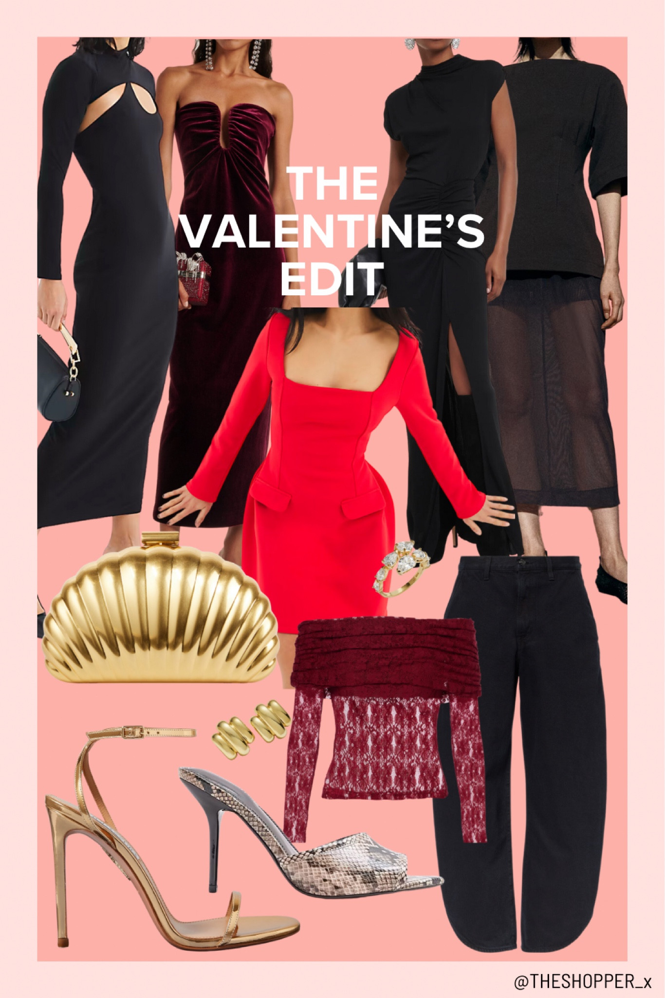 The Valentine's Edit
Metallic leather sandal heels, gold pear stone ring, red long sleeve mini dress, black long sleeve cut out midi dress, brown faux leather snake heeled mule shoes, mid rise barrel leg jeans in black, jersey maxi dress in black, strapless velvet midi dress in red, clutch bag in gold, mesh midi skirt, waisted tshirt gold curve stud earrings, ruched floral lace top in red 

#LTKdatenight #LTKuk #LTKFashionMonth
