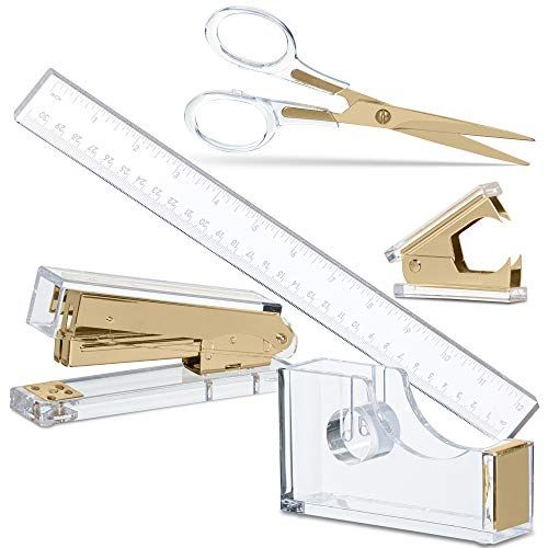 Gold Acrylic Lucite Bundle | Premium Stapler, Tape Dispenser, Scissors, Staple Remover, & Ruler | Clear Stationery & Desk Accessories for Everyday Office Needs | Modern, High End, Chic, Luxury Goods | Amazon (US)
