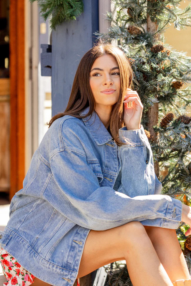 Solange Medium Wash Oversized Denim Jacket | Pink Lily