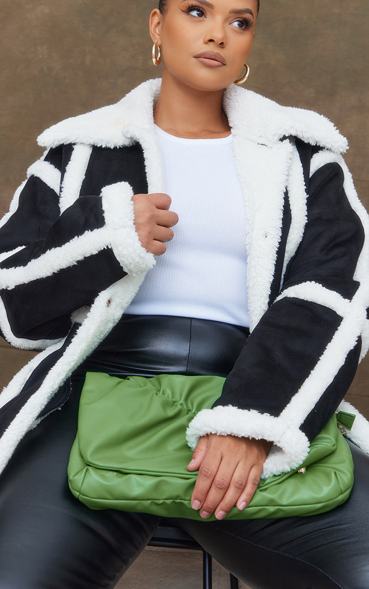 Plus Black Faux Suede Square Borg Panelled Coat | PrettyLittleThing US