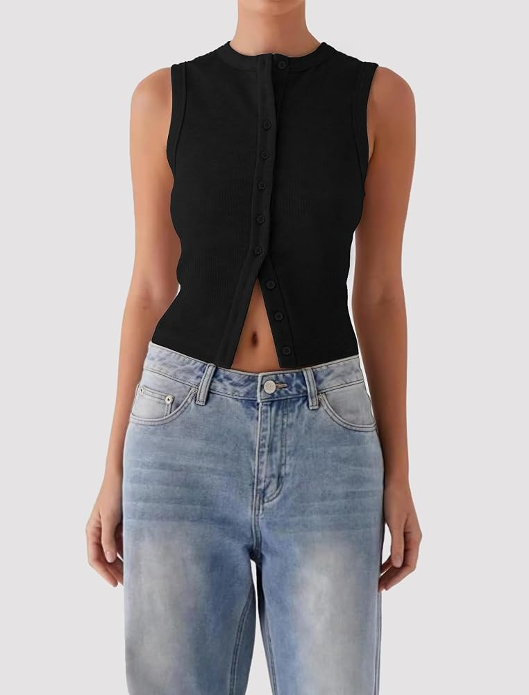 Womens Going Out Tops Summer Spring Ribbed Tank Sexy Crop Cute Y2K Button Down T Shirts Fashion C... | Amazon (US)