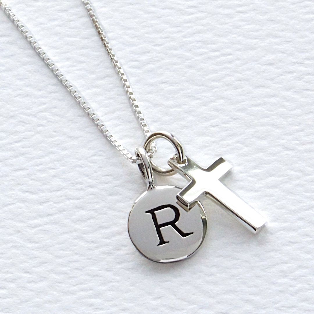 Petite Cross and Initial Disc Sterling Silver Necklace FREE - Etsy | Etsy (US)