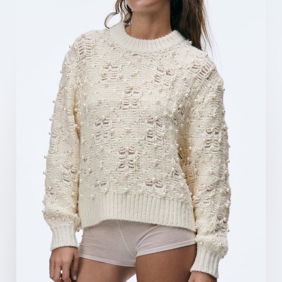 Zara TEXTURED KNIT SWEATER WITH FAUX PEARLS | Poshmark