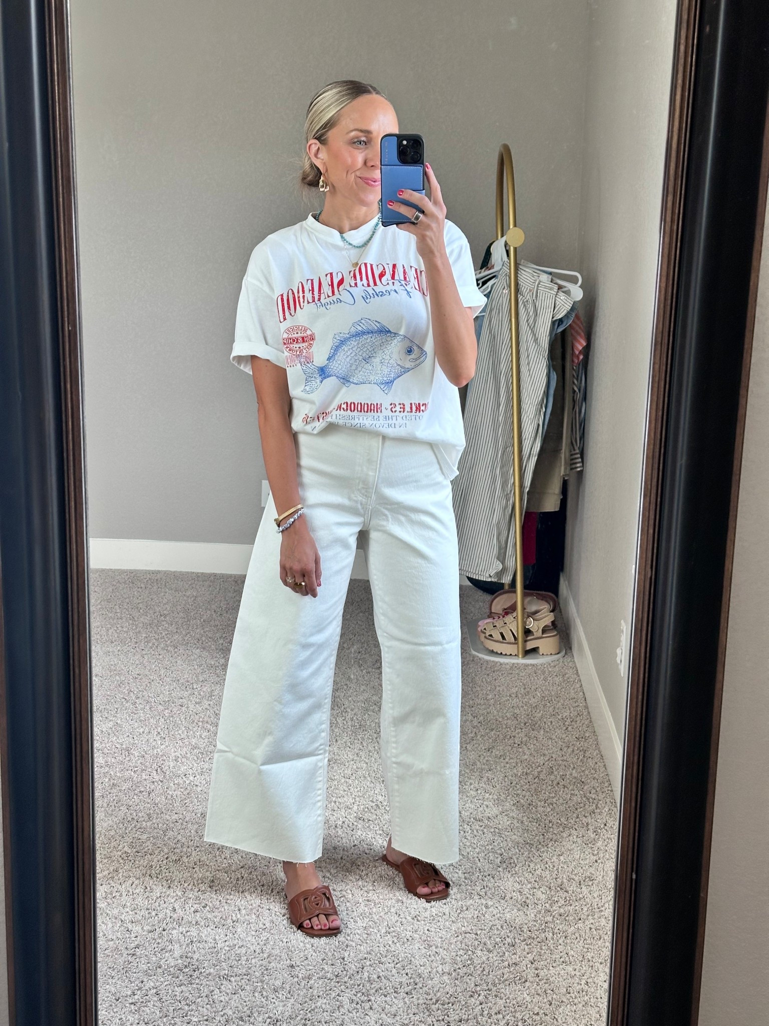 I still can not believe that these white jeans are under $20! I went up one size.  

#LTKSeasonal #LTKFindsUnder50 #LTKSaleAlert