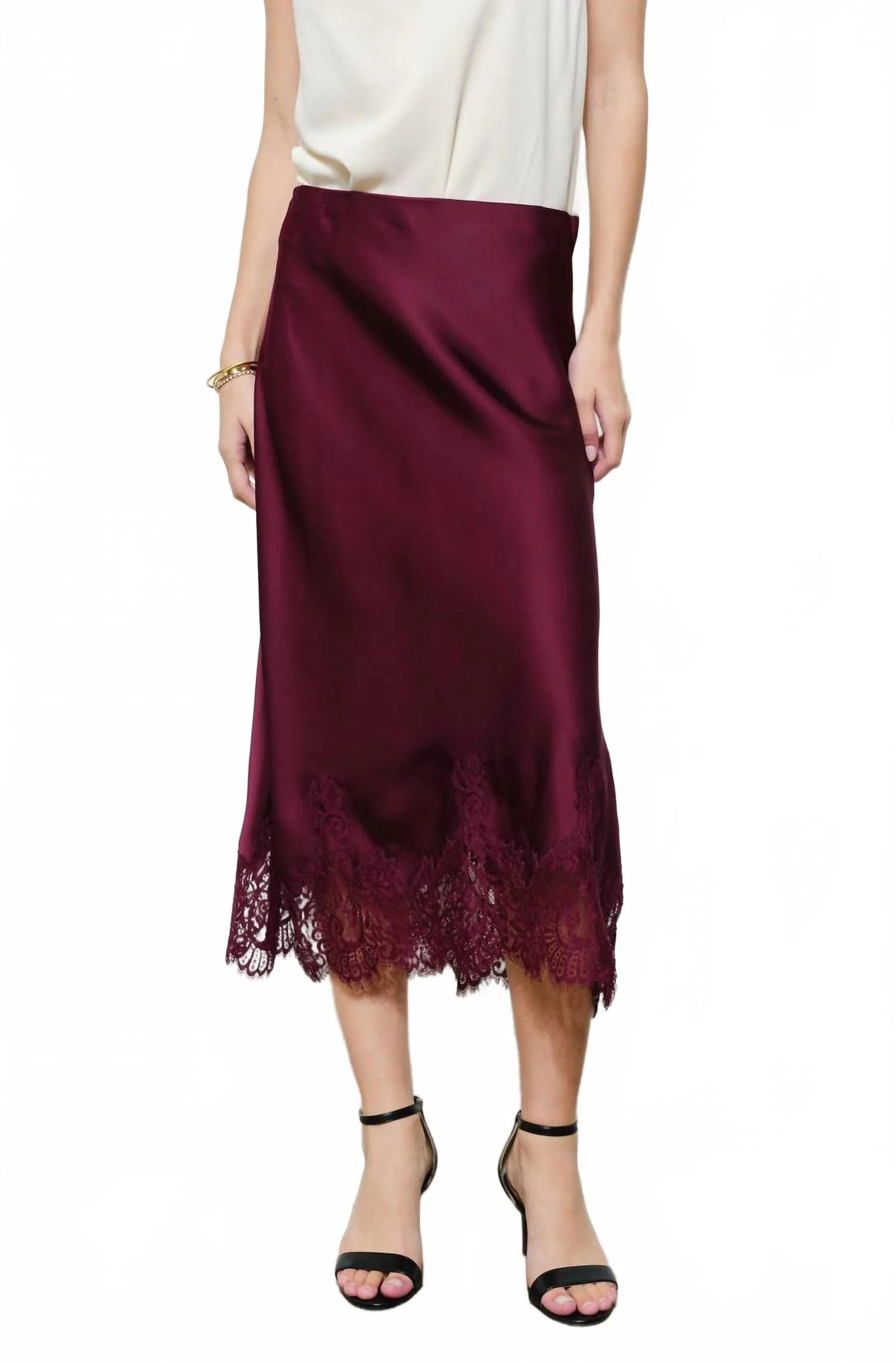 Lace Hem Midi Skirt In Wine | Shop Simon