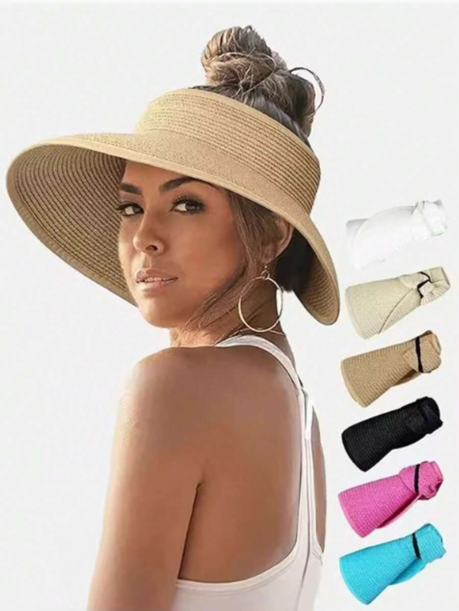 Women's Sun Visor Hats Wide Brim Straw Beach Hat Ponytail Hats For Women Foldable Floppy | SHEIN
