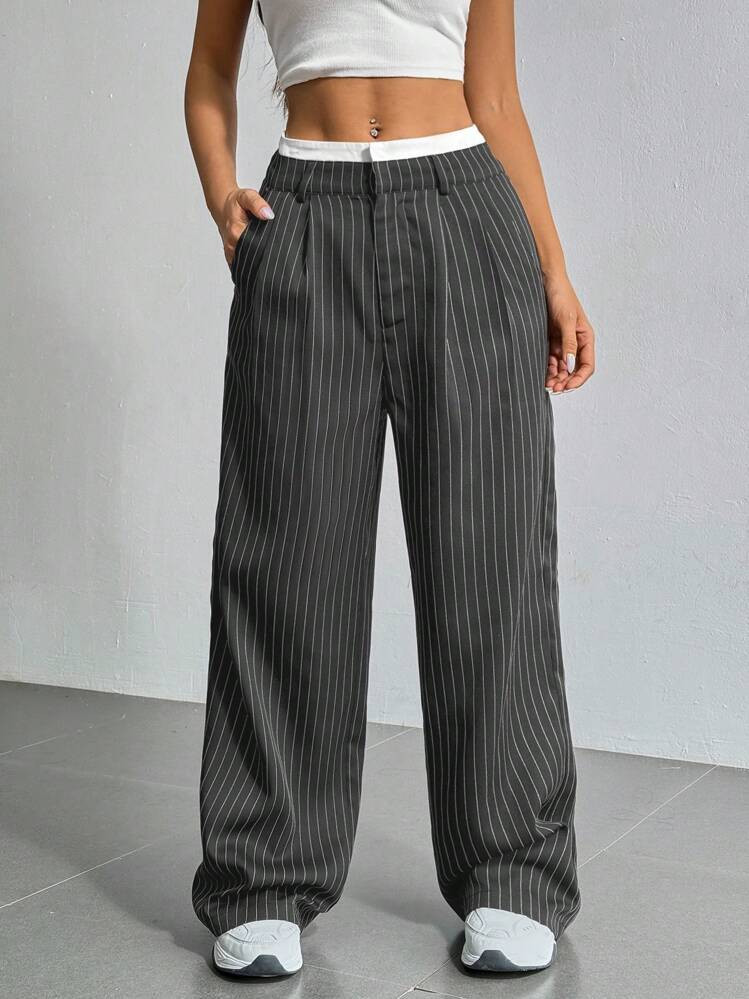 SHEIN EZwear Plus Size Gray And White Contrast Color Straight-Leg Pants,Business Casual Woman,Back To School Wide Leg Pants Oversized Pants Pleated Pants | SHEIN