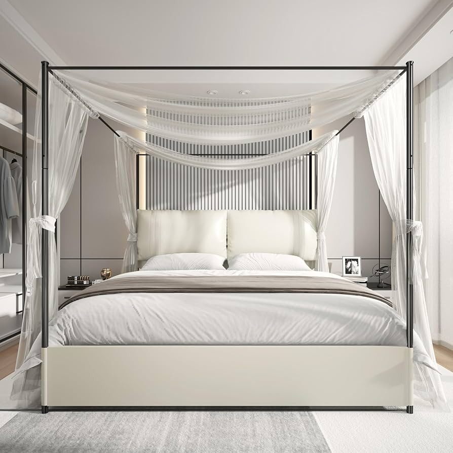 Canopy Bed Frame King Size with Upholstered Headboard, Sturdy and Stable, Easy to Assemble, Metal... | Amazon (US)