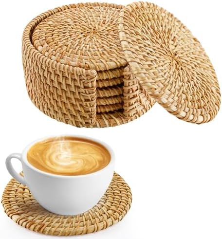 6pcs Natural Handmade Rattan Coasters with Holder - Wicker Drink Coasters Set for Protecting Tabl... | Amazon (US)