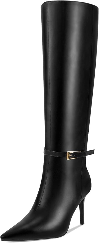 Knee High Boots Women Stiletto High Heel 3.3in, Side Zipper Pointed Toe Metal Buckle Tall Boots D... | Amazon (US)