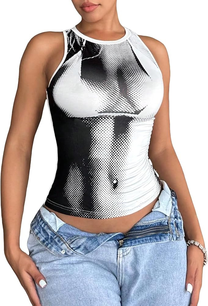 SOLY HUX Women's Y2k Graphic Crop Tank Top Round Neck Sleeveless Summer Tops | Amazon (US)