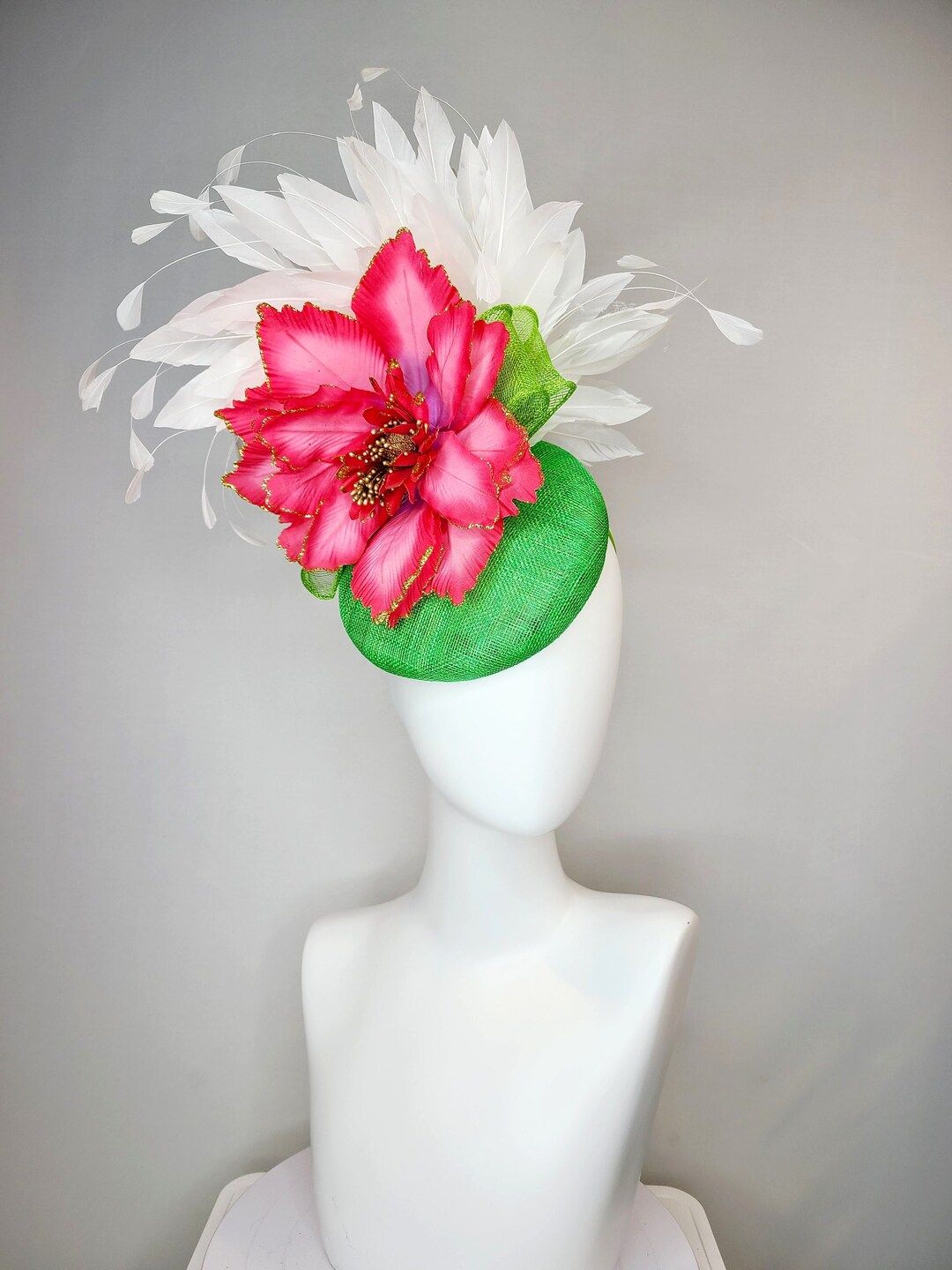 kentucky derby hat fascinator lime green sinamay with white feathers with large bright pink and g... | Etsy (US)
