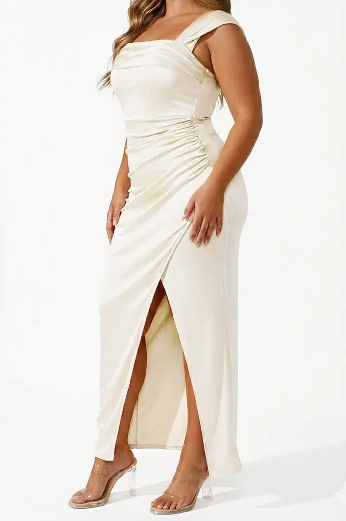 Liquid Metallic Fabric Off Shoulder Shine Ruched Sculpting Maxi Shapewear Dress | Nordstrom