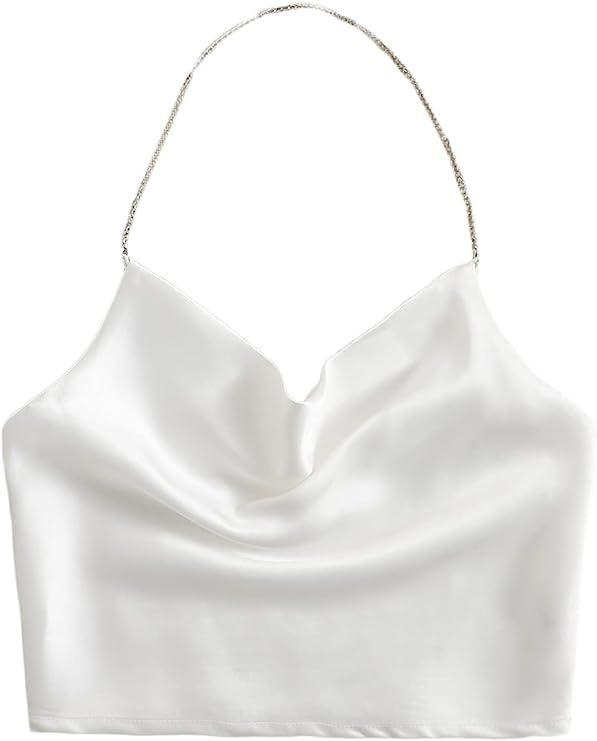 SheIn Women's Satin Chain Halter Neck Shirred Back Draped Crop Cami Top | Amazon (US)